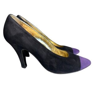 Escada Black Purple Suede Cap Toe Heels Size 8B Made in Italy Pumps Classic